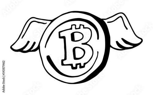 Bitcoin symbol with wings.2d illustration in doodle style