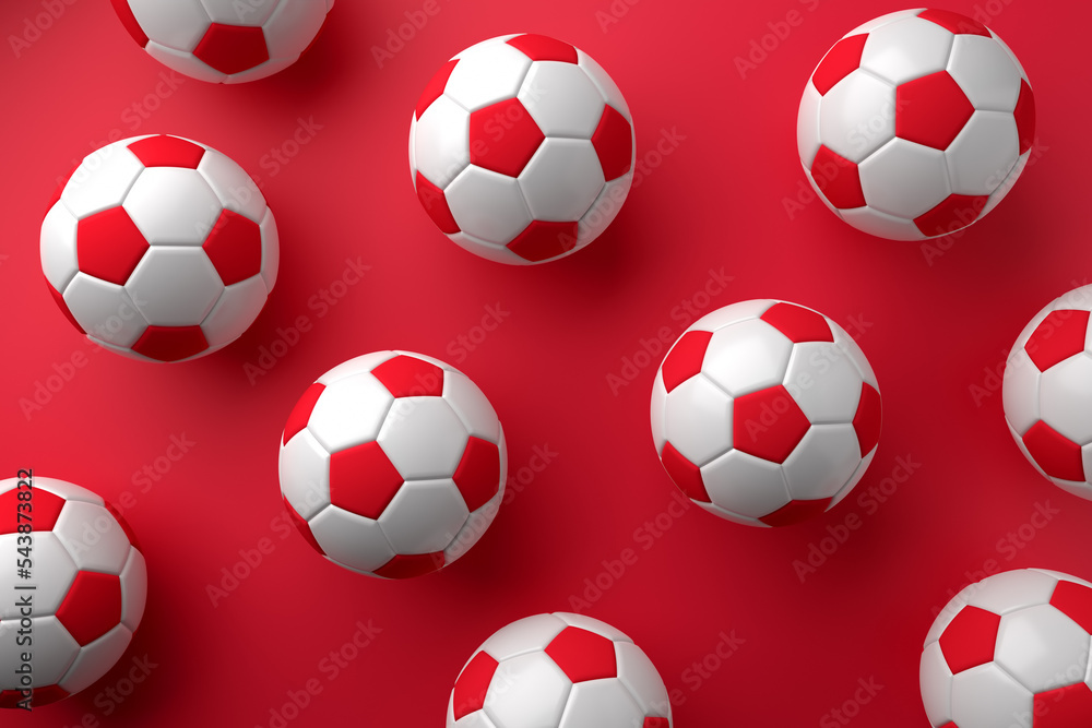 Football soccer balls on red background. Top view. 3D rendering. Football soccer balls on red background. Top view. 3D rendering.
