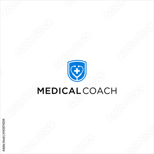 Modern medical coaching logo design with blue stethoscope shield icon abstract circle symbol for health care clinic hospital education teaching online learning vector concept