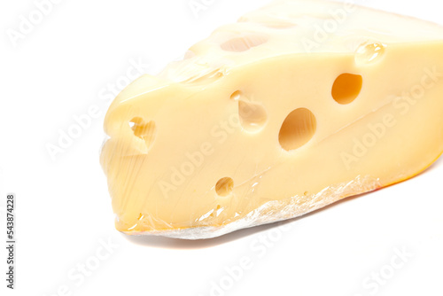 Piece of cheese with big holes, isolated on white background