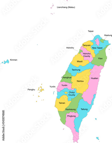 Carte de Taiwan avec représentation des divisions territoriales administratives par provinces, villes spéciales et villes métropolitaines - Textes vectorisés et non vectorisés sur calques séparés