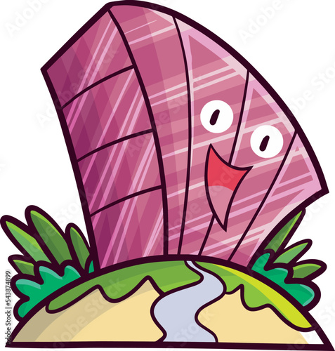 Cute pink purple hotel cartoon character laughing happily