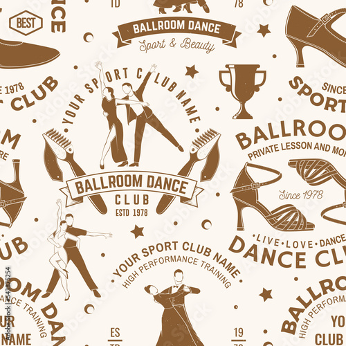 Set of Ballroom dance sport club seamless pattern. Concept for dancer sport pattern background or wallpaper. Dance sport sticker with shoes for ballroom dancing, man and woman silhouette. Vector.