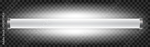 Realistic bright 3d long luminescence light lamp, white illuminated fluorescent tube isolated on transparent background – vector