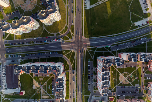 aerial view of road interchange or highway intersection. Junction network of transportation taken by drone. © hiv360