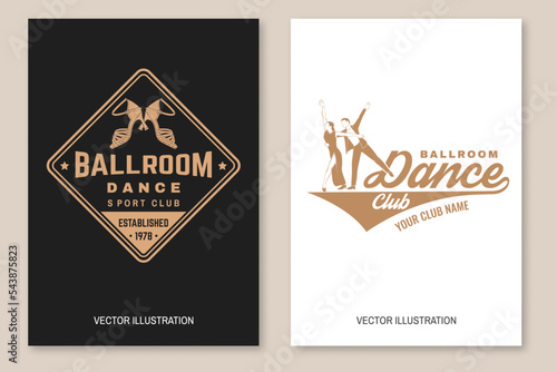 Set of Ballroom dance sport club flyer, brochure, banner, poster. Concept for shirt or logo, print, stamp or tee. Dance sport sticker with shoes for ballroom dancing, man and woman silhouette. Vector.
