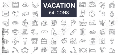 Set of 64 vacation, travelling, recreation, adventure icon set. Editable stroke. 