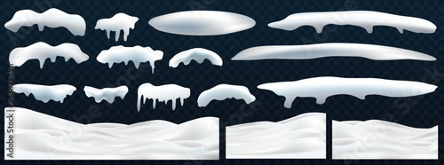 Set of snow caps, pile, icicles, ice, snowball and snowdrift isolated on transparent background. 3d Winter decorations, Christmas, snow texture, white elements, holiday design