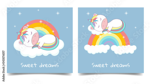Set for baby shower invitation or greeting cards with cute unicorn sleeping on the rainbow.