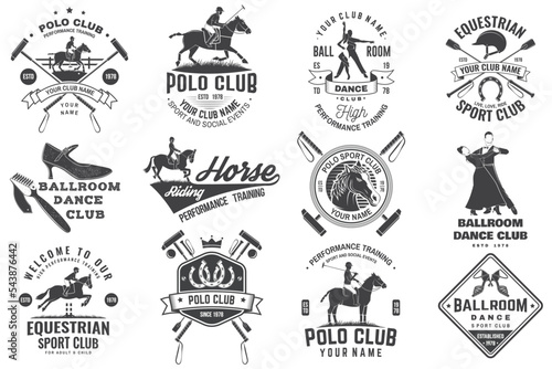 Set of polo club, horse riding, ballroom dance club badge, emblem, logo. Vector illustration. Templates for ballroom dance, polo club and horse riding sports club. Vintage label with dancer