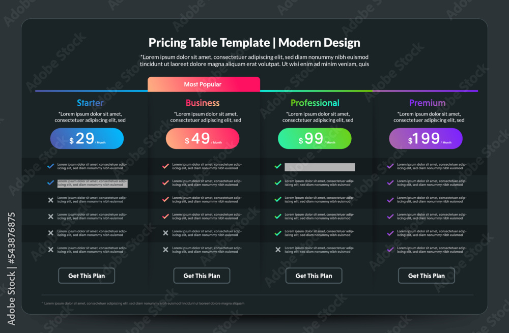 Template Design UX UI price list. Landing page website product package