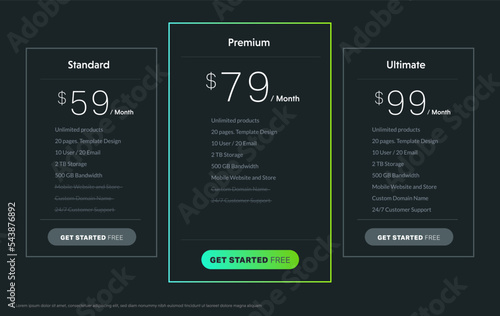 Template Design UX UI price list. Landing page website product package price and check box. Vector Illustrate.