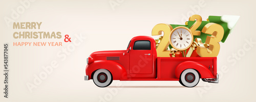 Red car with gifts and golden numbers 2023. Happy New Year poster or card. Christmas car filled with gifts. Christmas tree with golden clock in red vintage car. 3d realistic vector illustration.