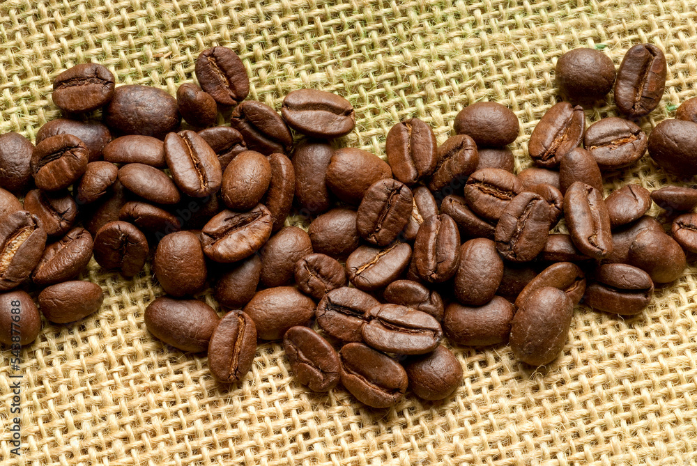 Fototapeta premium roasted coffee beans, on a burlap cloth, view from above 
