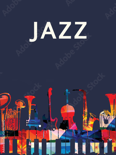Colorful musical instruments bundle on dark background. Vector illustration. Instruments collection poster for live concert events. Jazz music festivals and shows banner. Performances, party flyer	
