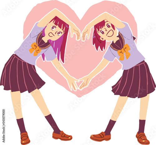 二人でハートマークを作る女子高校生（赤）