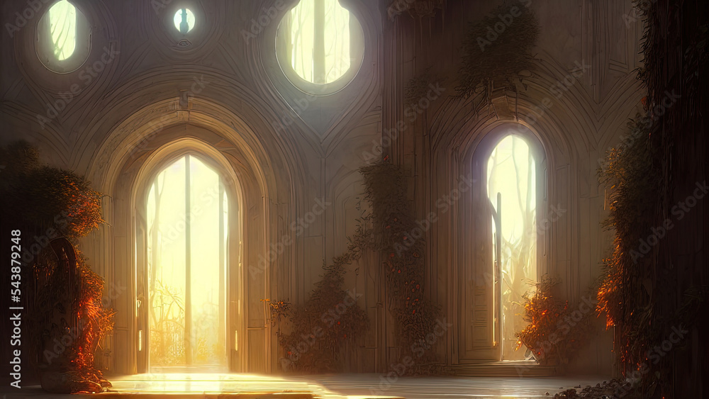 Large panoramic arched windows. Fantasy interior of the palace with windows to the garden. Rays of the sun, shadows. Majestic window. Large panoramic arched windows. Fantasy interior of the palace with windows to the garden. Rays of the sun, shadows. Majestic window.