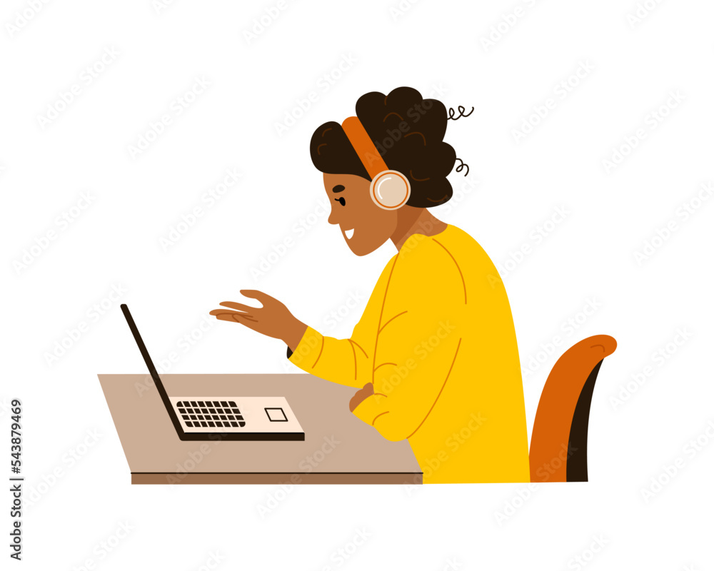 African american woman in headphones at computer desk. Girl in headset, sitting at laptop screen talking and gesturing on video call. Online work, education concept. Vector illustration African american woman in headphones at computer desk. Girl in headset, sitting at laptop screen talking and gesturing on video call. Online work, education concept. Vector illustration