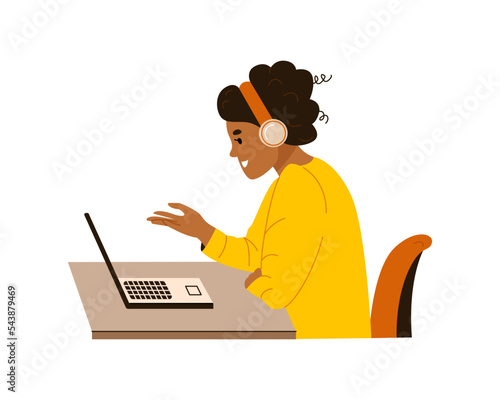 African american woman in headphones at computer desk. Girl in headset, sitting at laptop screen talking and gesturing on video call. Online work, education concept. Vector illustration