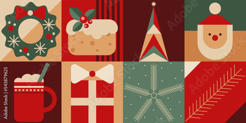 Simple Christmas geometric background in retro colors. Xmas minimalist banner with Christmas tree, Santa Claus, ornaments and patterns. New year vector design template