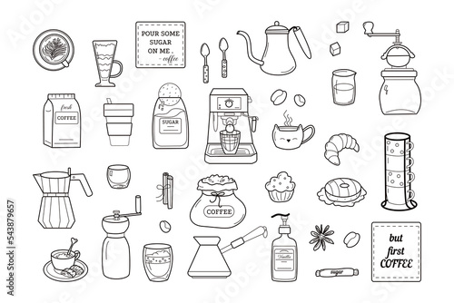 Hand drawn coffee doodles element set. Coffee brewing tools, machine, bag, glass, grinder, cup, kettle, milk pitcher, beans, bakery in sketch style. Outline vector illustration