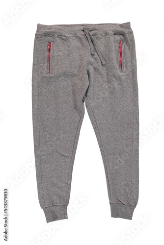 Warm gray pants with red zippers. Isolated image on a white background. Nobody. 