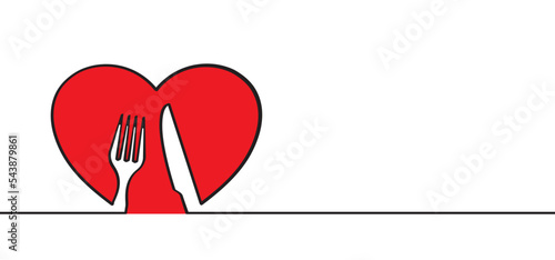Romantic dinner with love redheart icon or symbol. For valentine, valentines day or world food day. Blind date appointment in to a restaurant. Line pattern. Always and forever together.