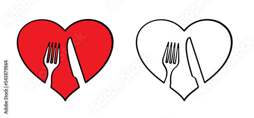 Romantic dinner with love redheart icon or symbol. For valentine, valentines day or world food day. Blind date appointment in to a restaurant. Line pattern. Always and forever together.