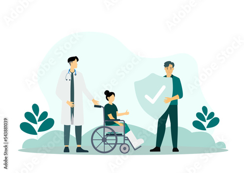 Doctor, medical care and health insurance concept, vector illustration.