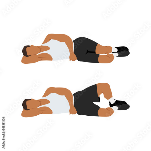 Man doing Clamshells. Clams exercise. Flat vector illustration isolated on white background