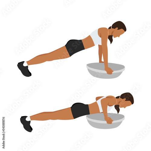Woman doing Bosu ball push ups exercise. Flat vector illustration isolated on white background