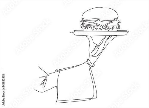 One continuous line drawing of hand waiter carries hamburger or burger on a tray. Fast Food concept. A hand holds a tray. Line Art 