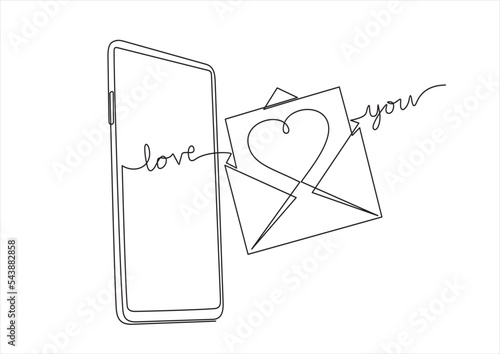 Smartphone and Flying envelop with heart with inscription  "love you", illustration continuous one line art illustration.
