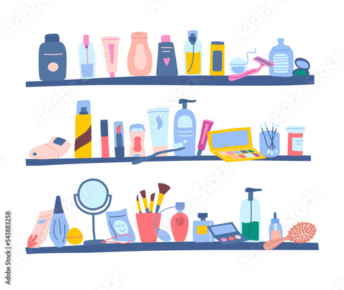Vector flat style makeup and skincare tubes, bottles, palettes and accessories laying on shelves. Shampoos, eyeshadows, serum bottles, cream jars, brushes and mirror illustration