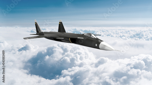 3d render a fighter plane flies into the frame, you can see the wingspan, cumulus clouds, the Ukraine-Russia war