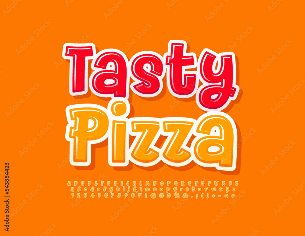 Vector playful emblem Tasty Pizza. Bright Handwritten Font. Funny glossy Alphabet Letters and Numbers Vector playful emblem Tasty Pizza. Bright Handwritten Font. Funny glossy Alphabet Letters and Numbers