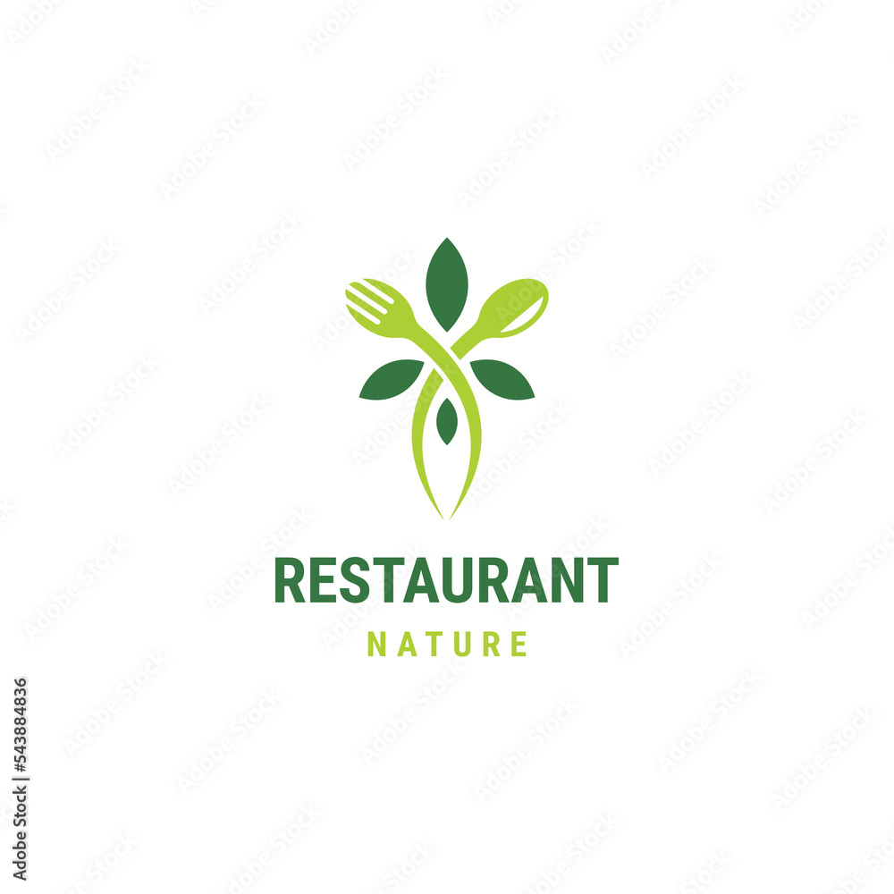 spoon and fork leaf with nature restaurant logo design template flat vector spoon and fork leaf with nature restaurant logo design template flat vector