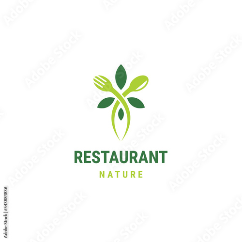 spoon and fork leaf with nature restaurant logo design template flat vector