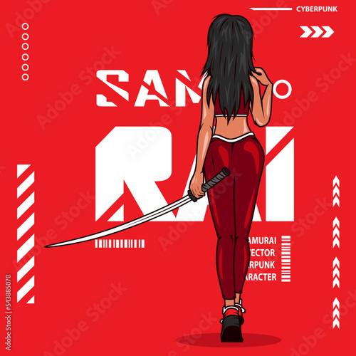Beautiful woman the fighter girl cyberpunk fiction colorful t-shirt design. Abstract vector illustration.