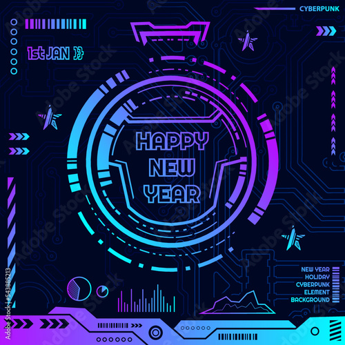 New year cyberpunk technology design with dark background. Abstract vector illustration.