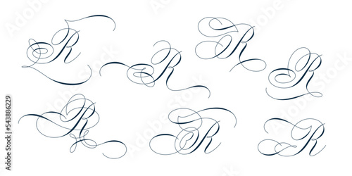 Set of beautiful calligraphic flourishes on capital letter R isolated on white background for decorating text and calligraphy on postcards or greetings cards. Vector illustration.