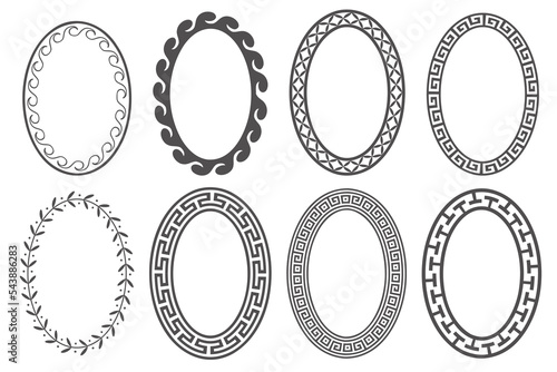 Greek key oval frame set. Circle borders with meander ornaments. Ellipse ancient designs. Vector