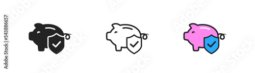 Savings protect icon on white background.Piggy bank behind shield. Insurance of finances. Investment, crisis, inflation symbol. Flat design.