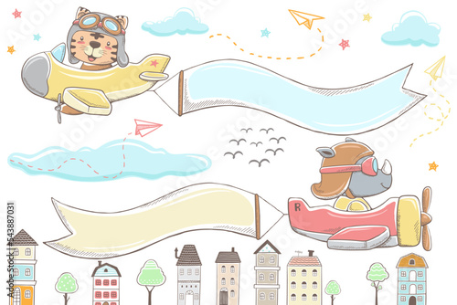 Vector illustration of hand drawn cute animals cartoon on airplane, airplane towing banner over buildings