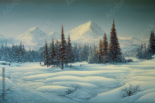 Winter landscape oil painting, Christmas card, winter wonderland 