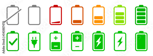 Set of battery charge level indicator icons, level battery energy collection, discharged and fully charged battery signs - stock vector