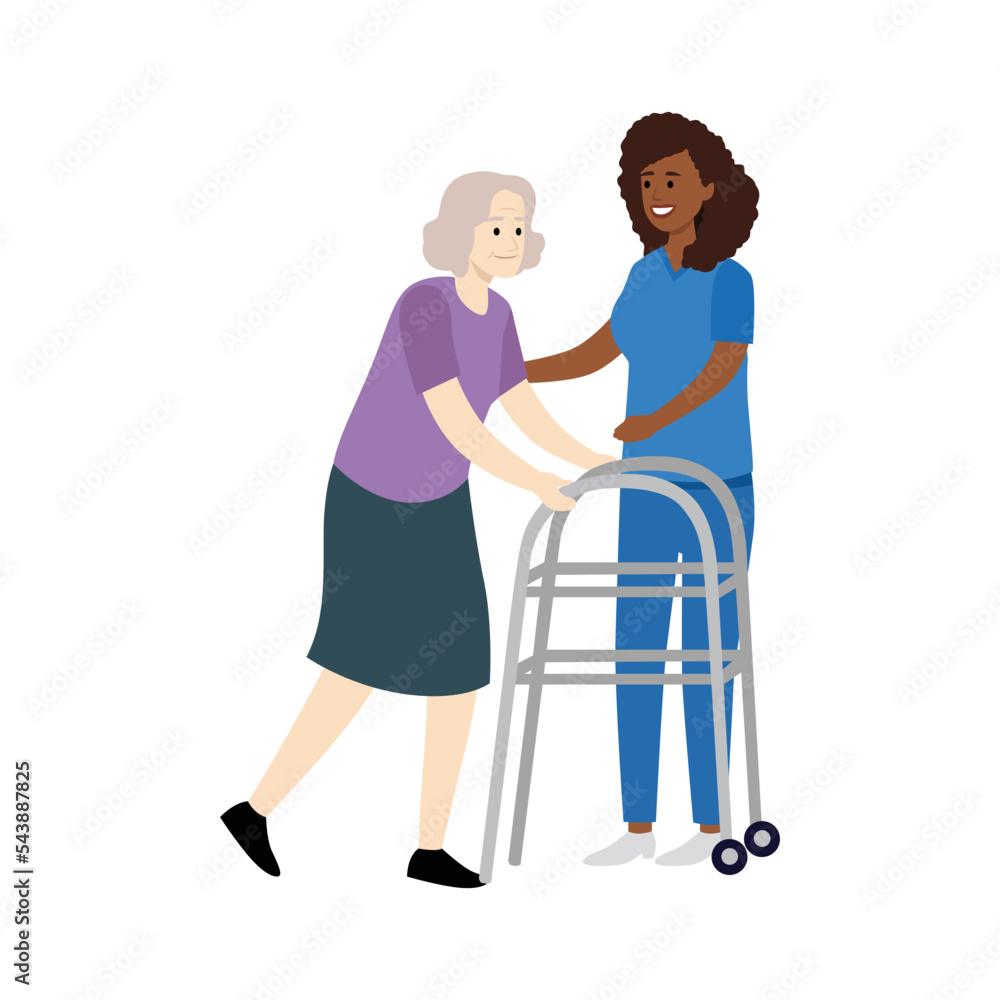 Nurse helps her grandmother to go to the walker. Caring for the elderly. Vector illustration in a flat style Nurse helps her grandmother to go to the walker. Caring for the elderly. Vector illustration in a flat style