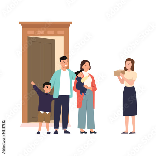 Opening front door concept of landing page with family welcome neighbor at home together. Happy kids and dad meeting friend at house entrance giving gift. Cartoon flat vector illustration