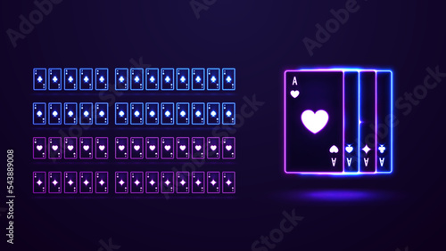 Pink and blue shine neon casino playing cards. Poker 3D neon playing cards, full deck.