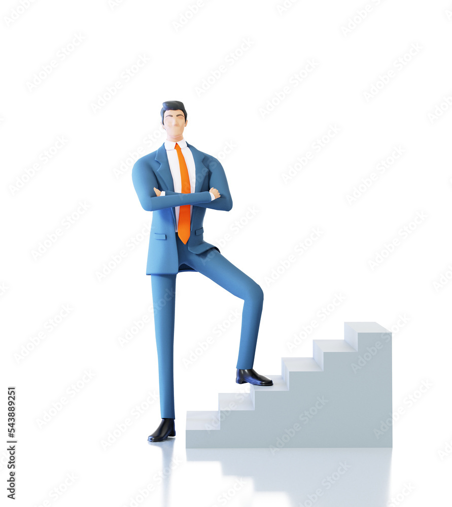 Successful businessman stays by the stairs. 3D rendering illustration